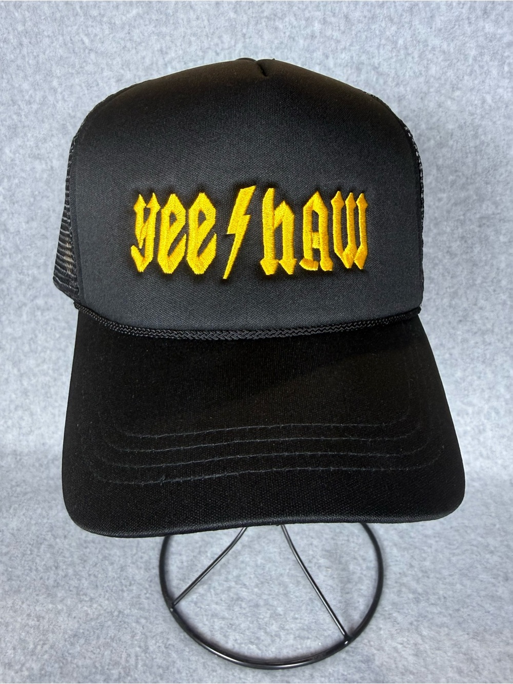 Black 'Yee Haw' Embroidered Trucker Hat - Yellow Lettering